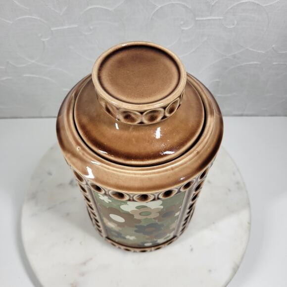 VTG McCoy USA Pottery Canister 10" Tan Green Ditsy Floral Daisy Ceramic Jar - Picture 13 of 16